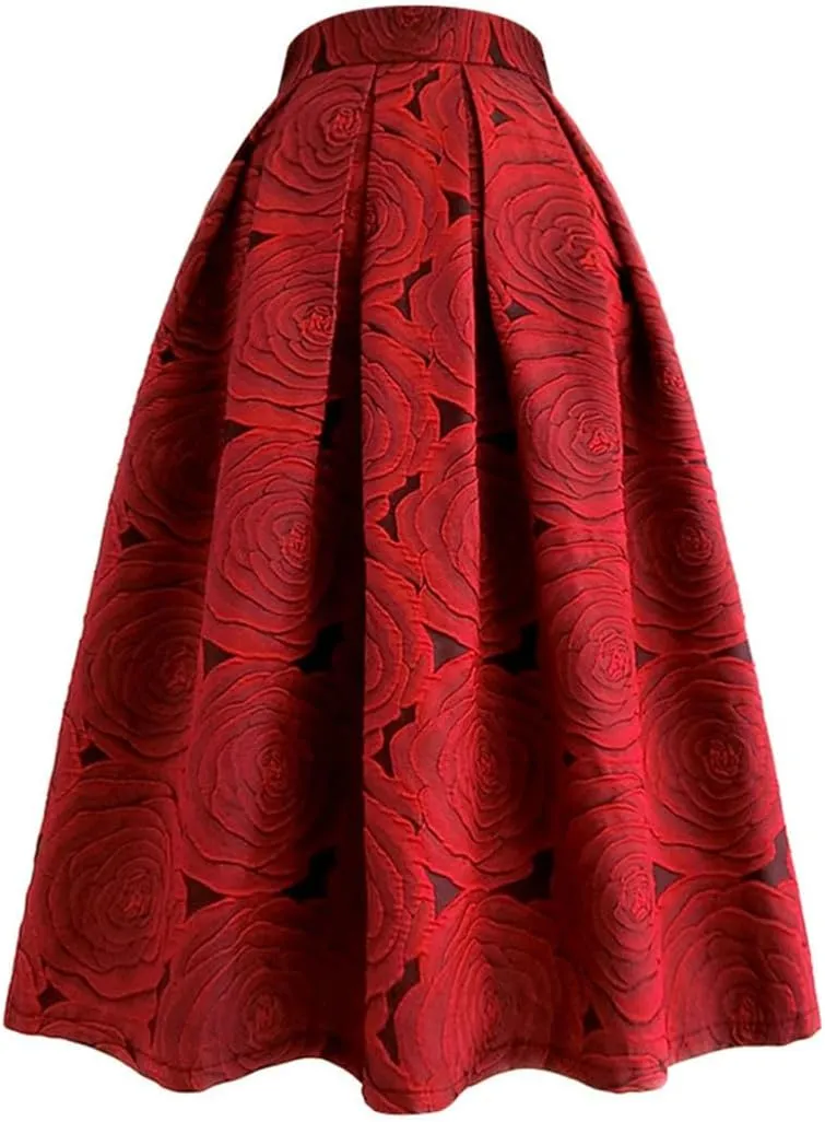 Spring Autumn Vintage Elegant Women Striped Jacquard High Waisted Long Pleated Skirt