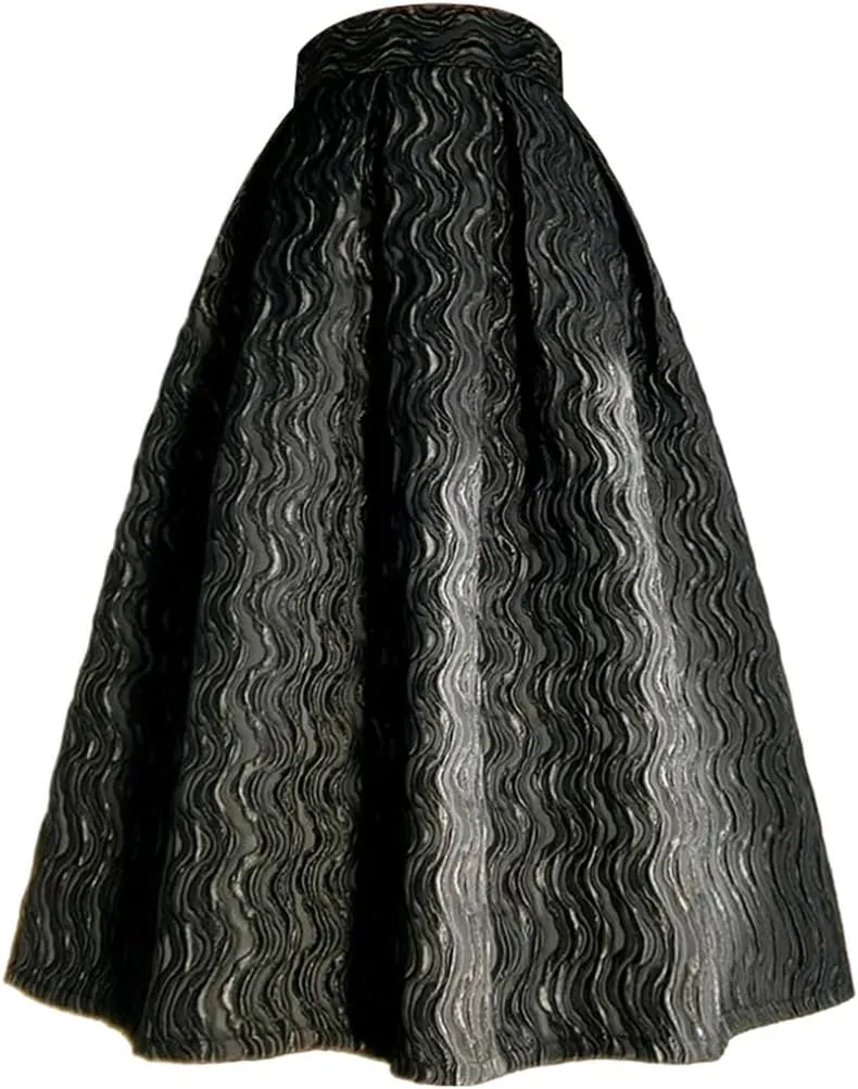 Spring Autumn Vintage Elegant Women Striped Jacquard High Waisted Long Pleated Skirt