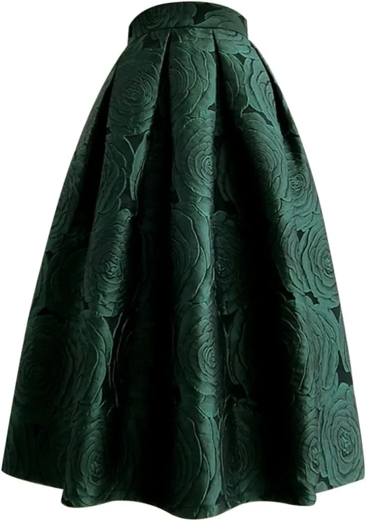 Spring Autumn Vintage Elegant Women Striped Jacquard High Waisted Long Pleated Skirt
