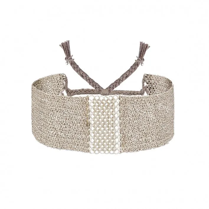 Sterling Silver & White Silk Woven Mesh Chain Wide Bracelet