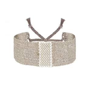 Sterling Silver & White Silk Woven Mesh Chain Wide Bracelet