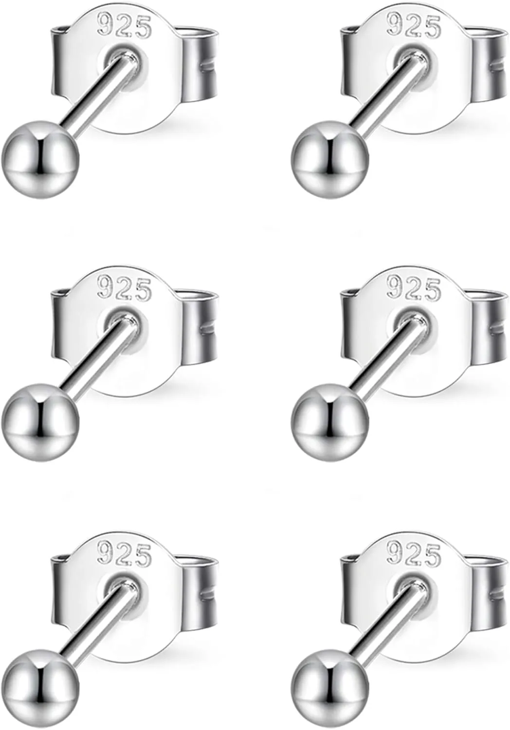 Sterling Silver Round Ball Stud Earrings for Women Men, 3 Pairs Hypoallergenic Small Tiny Stud Earring Set (Diameter 2/3/4mm)
