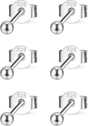 Sterling Silver Round Ball Stud Earrings for Women Men, 3 Pairs Hypoallergenic Small Tiny Stud Earring Set (Diameter 2/3/4mm)