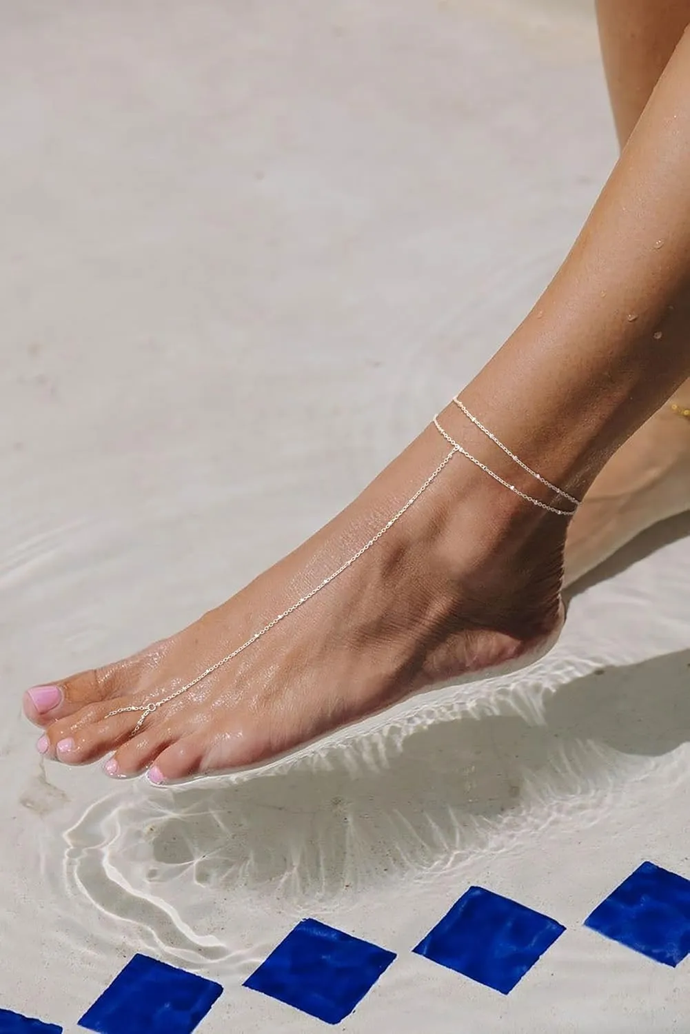 Sterling Silver/Gold Foot Chain Ankle Bracelets for Women Waterproof Dainty Layered Barefoot Sandals Anklets 14K Gold Plated Womens Anklets Beaded CZ Link Anklets Set Foot Jewelry for Women