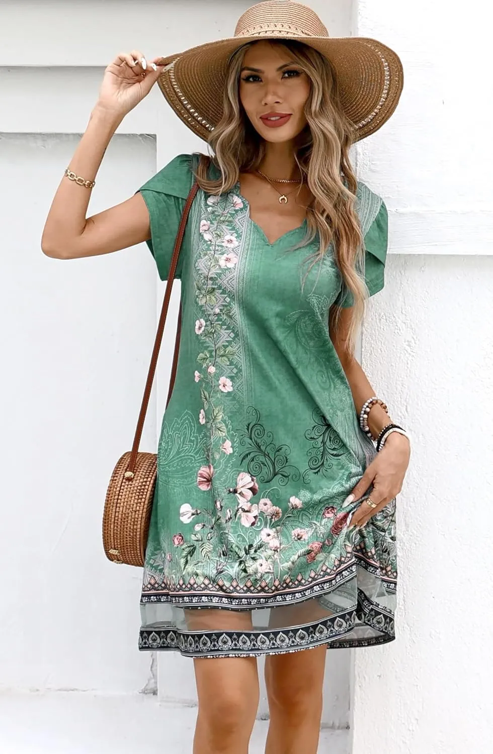 Summer Dresses for Women Petal Short Sleeve V-Neck Beach Dress Floral Print Dressy Casual Sun Dresses