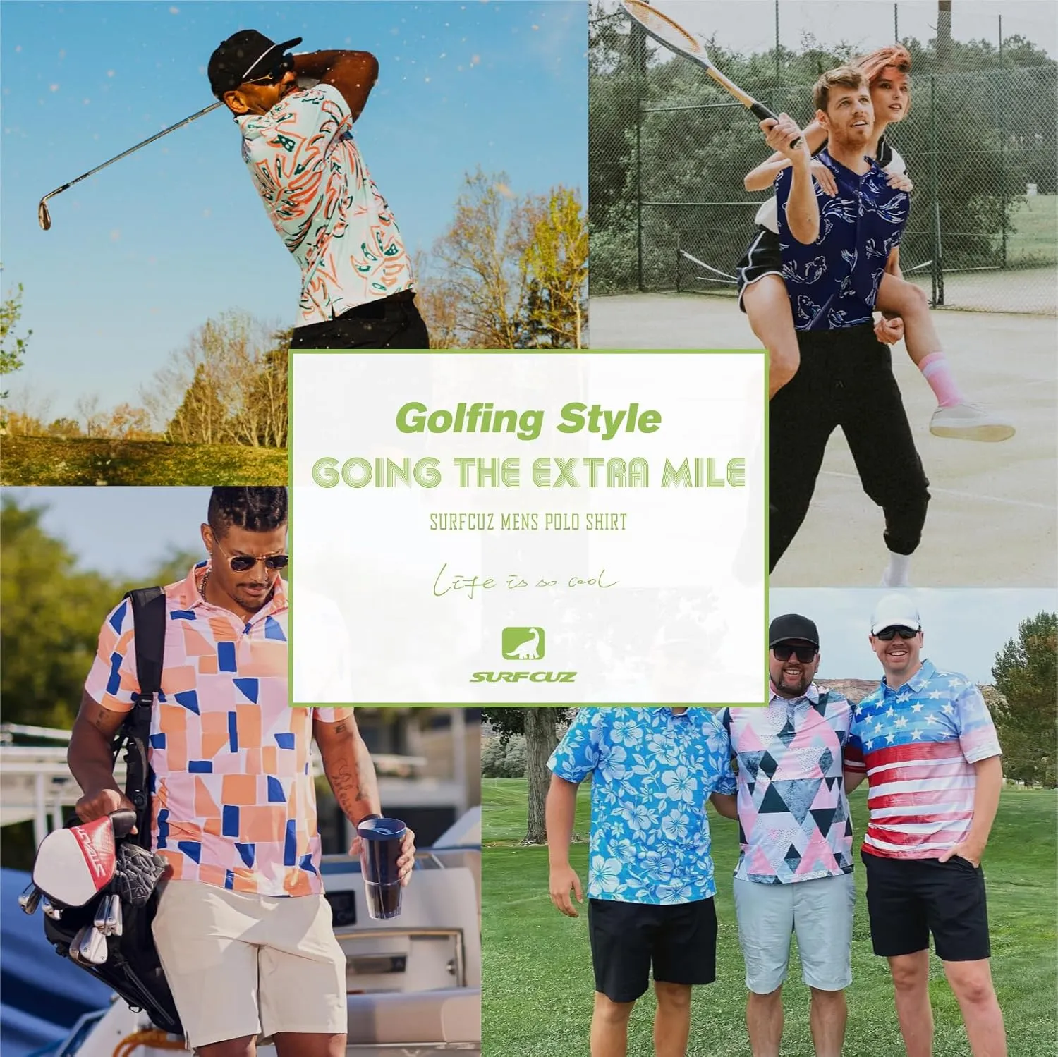 SURF CUZ Golf Shirt Moisture Wicking for Men Dry Fit Polo Shirts Short Sleeve Print Performance 4-Way Stretch