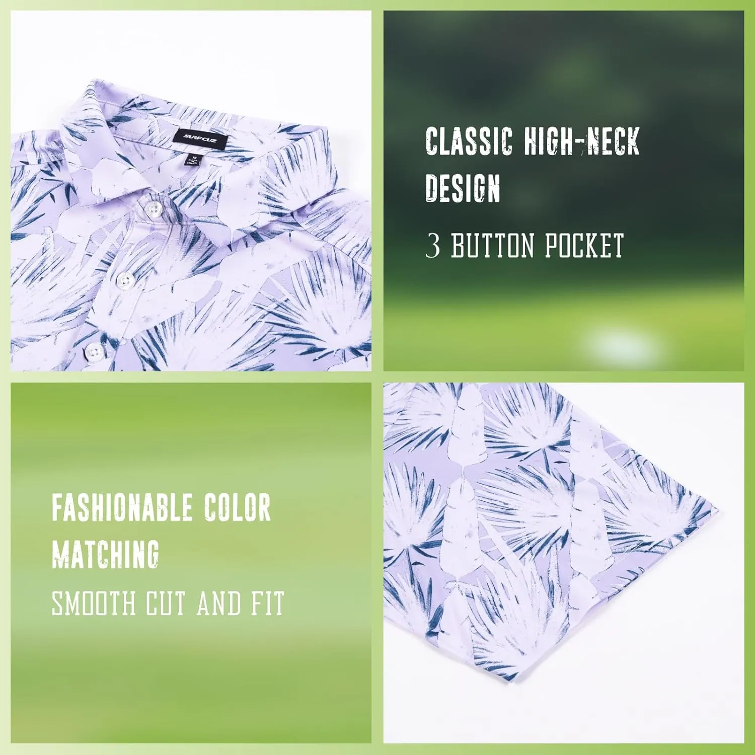 SURF CUZ Golf Shirt Moisture Wicking for Men Dry Fit Polo Shirts Short Sleeve Print Performance 4-Way Stretch