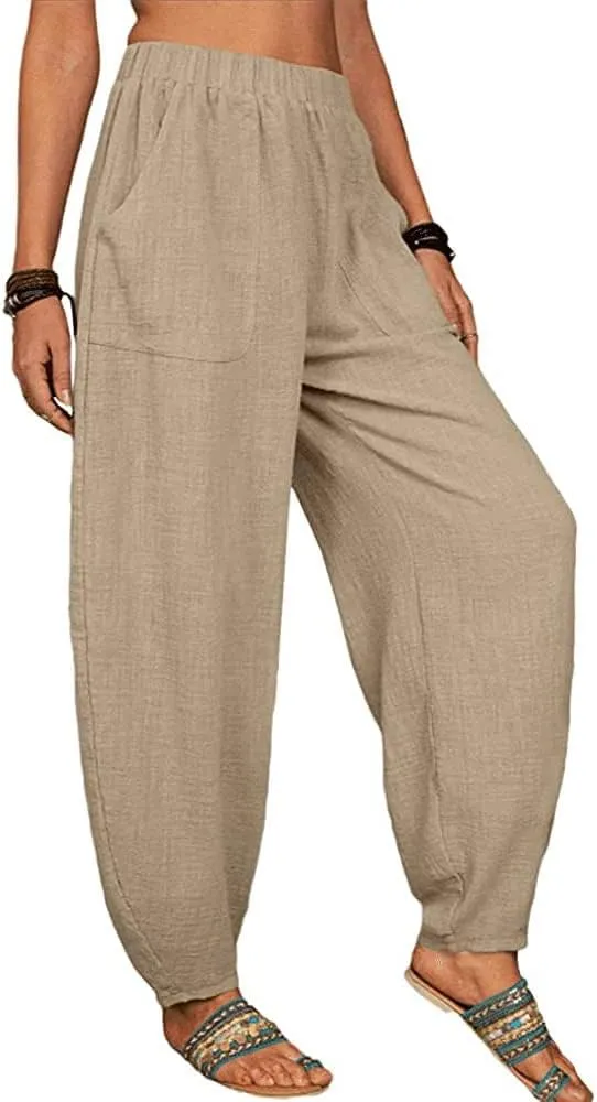 sysinside Women's Cotton Linen Harem Pants High Waist Solid Color Long Trousers with Pocket