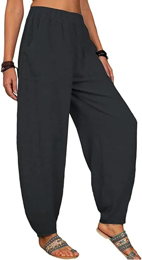 sysinside Women's Cotton Linen Harem Pants High Waist Solid Color Long Trousers with Pocket