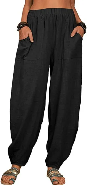 sysinside Women's Cotton Linen Harem Pants High Waist Solid Color Long Trousers with Pocket