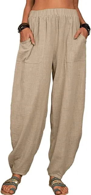 sysinside Women's Cotton Linen Harem Pants High Waist Solid Color Long Trousers with Pocket