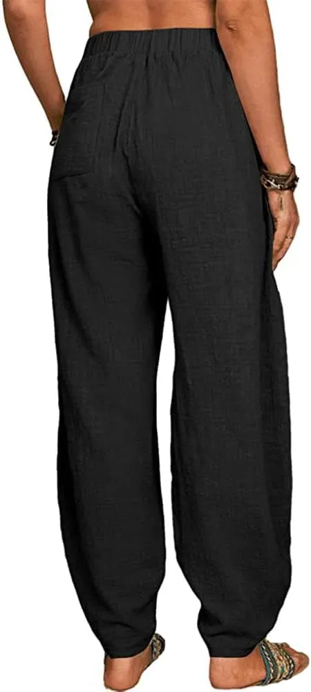 sysinside Women's Cotton Linen Harem Pants High Waist Solid Color Long Trousers with Pocket