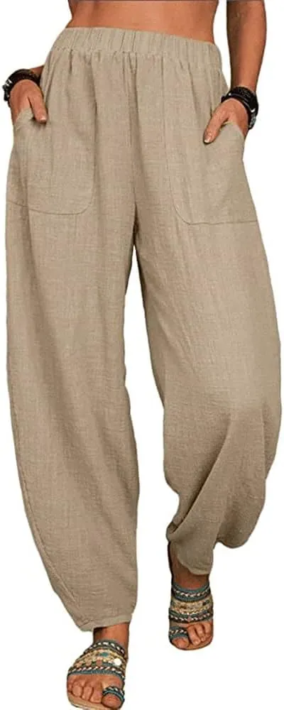 sysinside Women's Cotton Linen Harem Pants High Waist Solid Color Long Trousers with Pocket