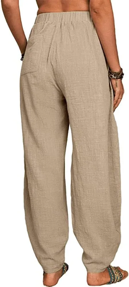 sysinside Women's Cotton Linen Harem Pants High Waist Solid Color Long Trousers with Pocket