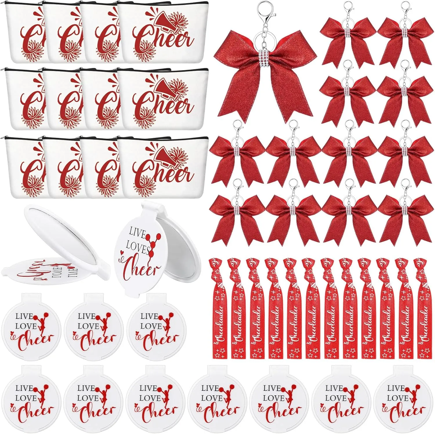 Talltalk 48 Pcs Cheerleader Gifts Set Cheer Gifts Bulk for Team 12 Cheer Makeup Bag 12 Cheer Bracelets 12 Folding Cheerleading Makeup Mirror 12 Bow Keychain for Cheer Team Party Favors (Red)