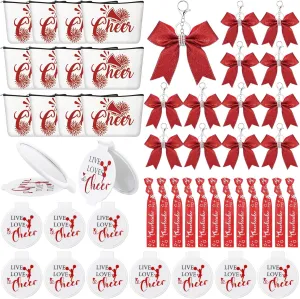 Talltalk 48 Pcs Cheerleader Gifts Set Cheer Gifts Bulk for Team 12 Cheer Makeup Bag 12 Cheer Bracelets 12 Folding Cheerleading Makeup Mirror 12 Bow Keychain for Cheer Team Party Favors (Red)