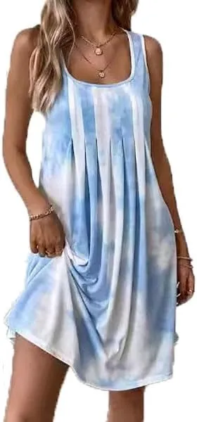 Tank Dress for Women Summer Casual Floral Mini Dress Sleeveless Square Neck Pleated Loose Swing Beach Vacation Sundresses