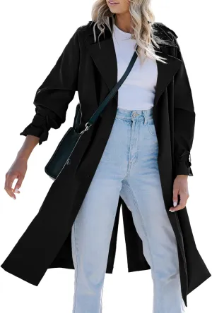 Tankaneo Women's Long Trench Coat Double Breasted Classic Lapel Oversized Windproof Overcoat Outerwear with Belt