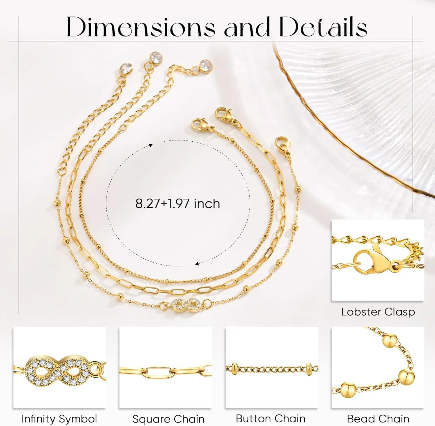 TempBeau Gold Ankle Bracelets for Women 3Pcs Set Layered Adjustable Chain Link Anklets for Women Summer Beach Foot Jewely Brithday Gifts fo Women Girlfriend Wife Mom