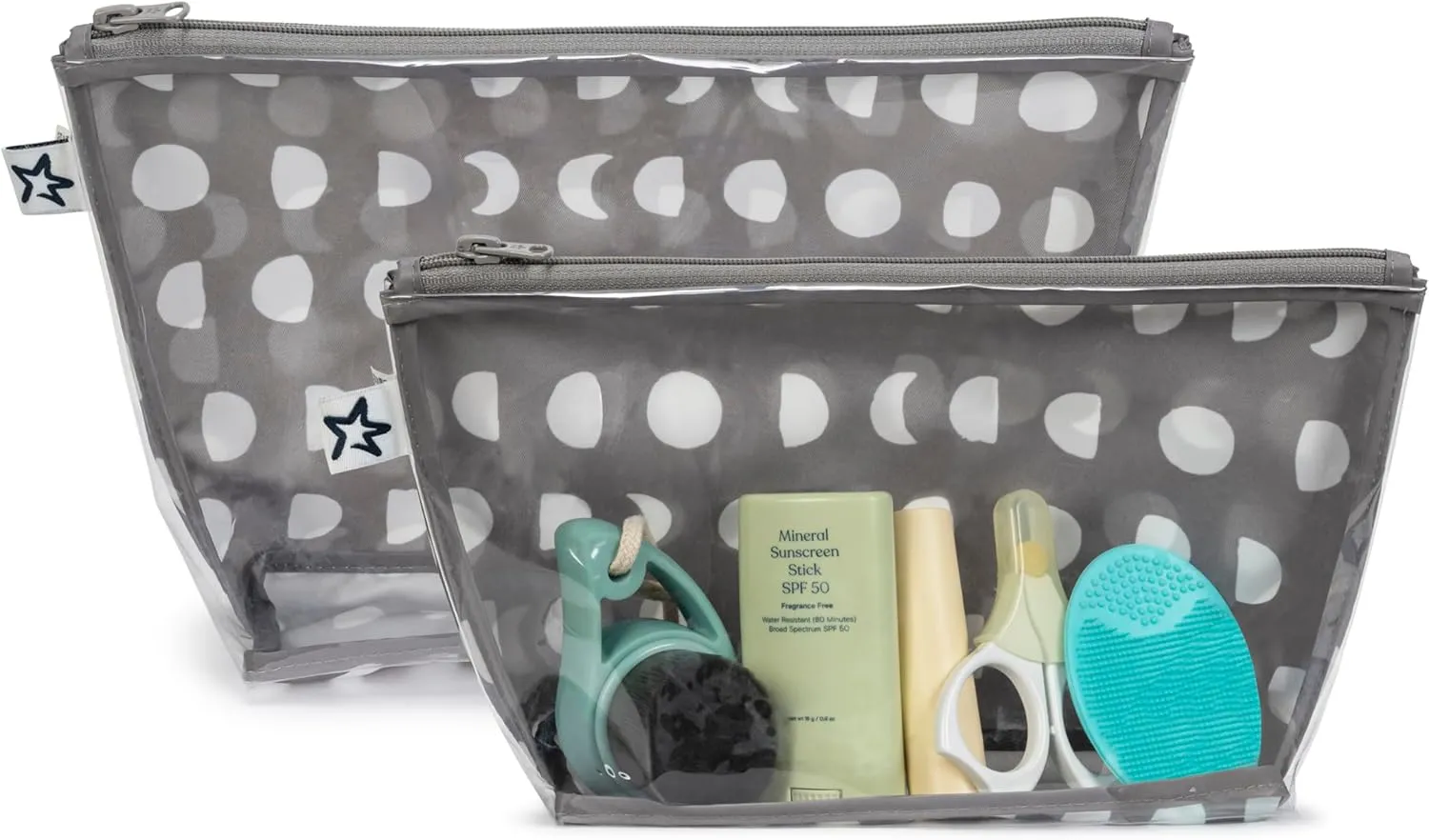 Tiny Twinkle Mess-proof Travel Bags, Airline Compliant, Zipper Closure, Clear Front Pouch, Diaper Bag Packing, Toiletry or Cosmetics Organizer 2 Pack Set (Luna)