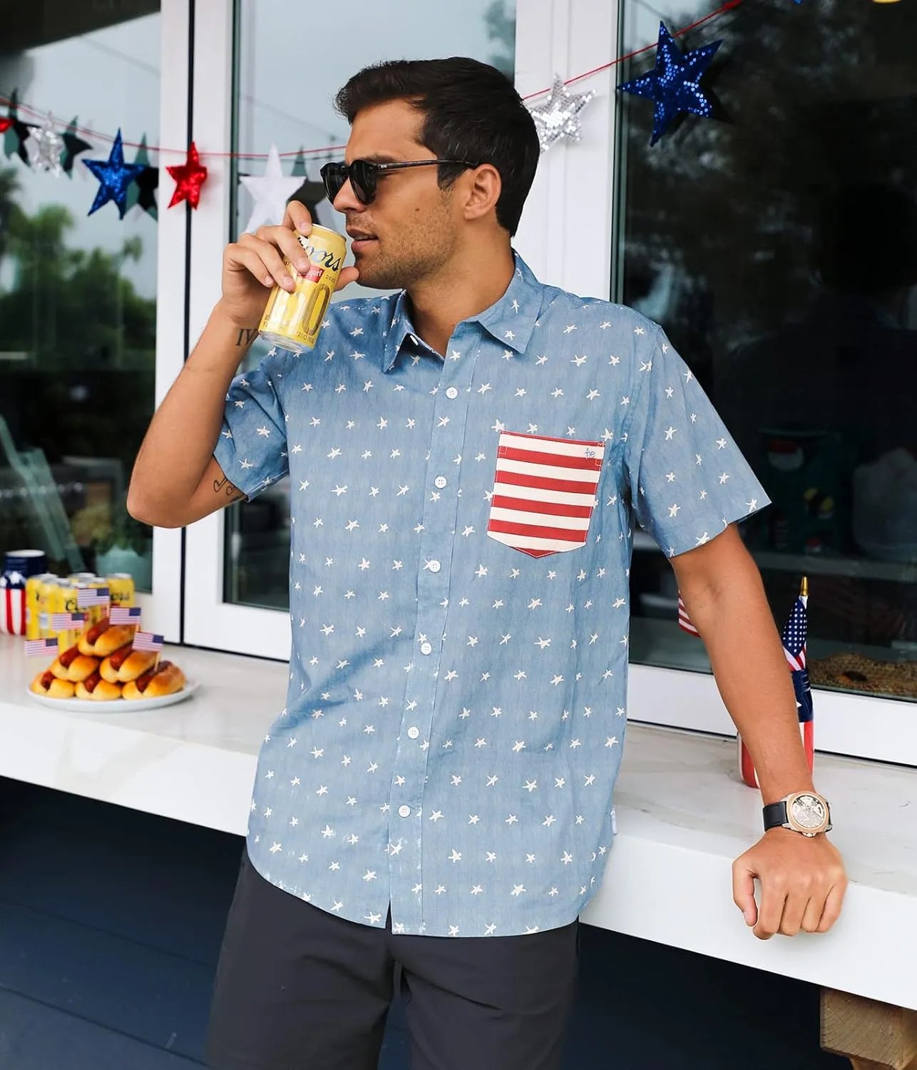 Tipsy Elves Patriotic Shirts for Men - USA Short Sleeve Button Up American Flag Shirts for Men for 4th of July