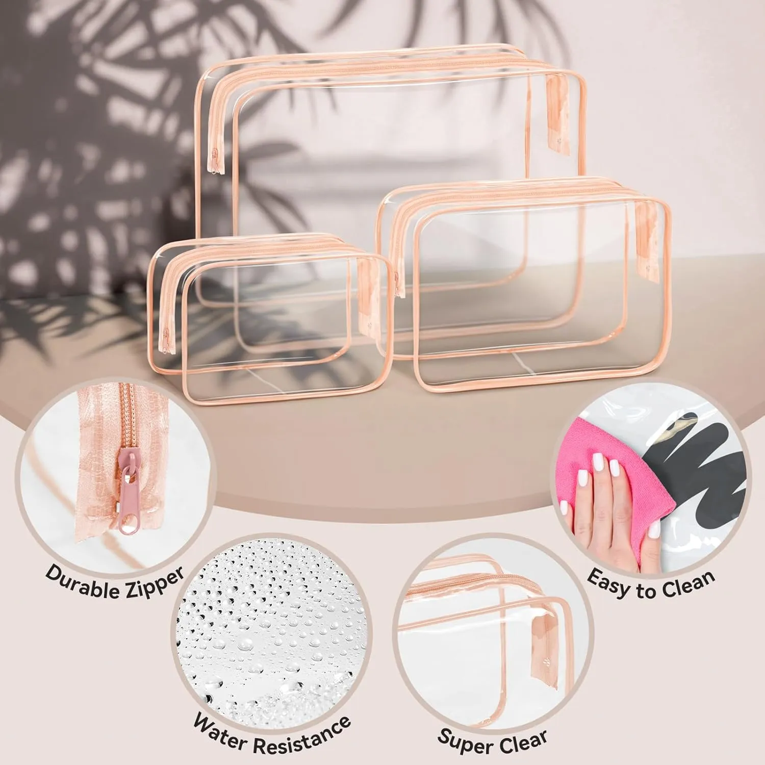 TISRATOK 16 PCS Clear Makeup Bag, Travel Essentials Toiletry Bag, Transparent PVC Cosmetic Organizer Toy-Lego Barbie Storage Pouch for Women Men - Orange-pink,Small
