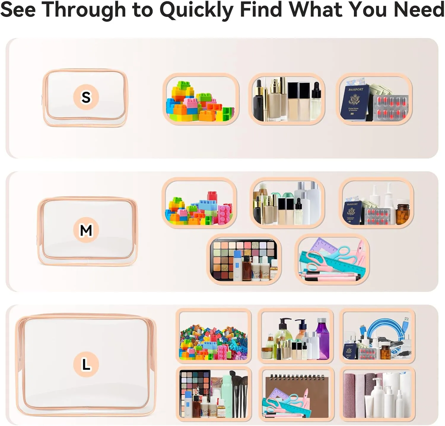 TISRATOK 16 PCS Clear Makeup Bag, Travel Essentials Toiletry Bag, Transparent PVC Cosmetic Organizer Toy-Lego Barbie Storage Pouch for Women Men - Orange-pink,Small