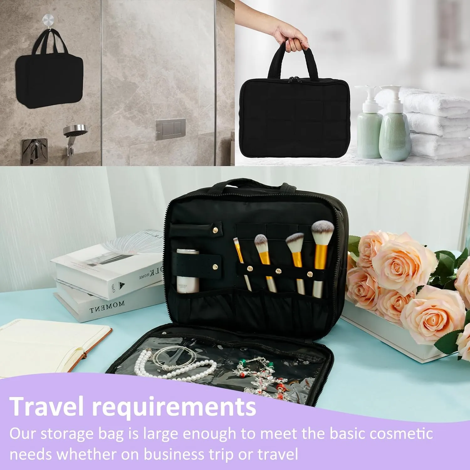 Toiletry Bag, Compartmental Hanging toiletry Bag, Portable Foldable Makeup Cosmetic Organizer Bag with Anti-slip Metal Hook for Travel Gym Outdoor Activity (Black)