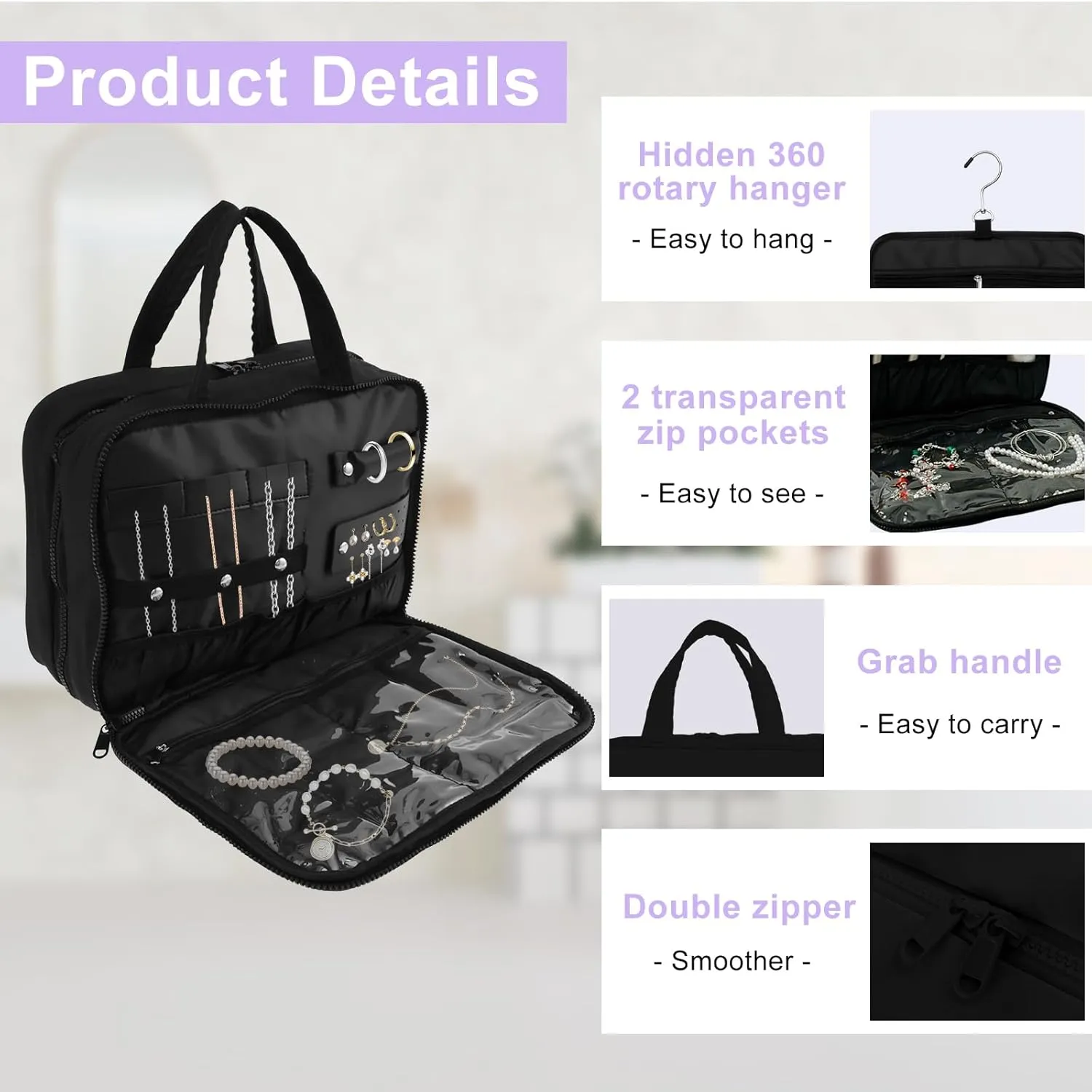 Toiletry Bag, Compartmental Hanging toiletry Bag, Portable Foldable Makeup Cosmetic Organizer Bag with Anti-slip Metal Hook for Travel Gym Outdoor Activity (Black)