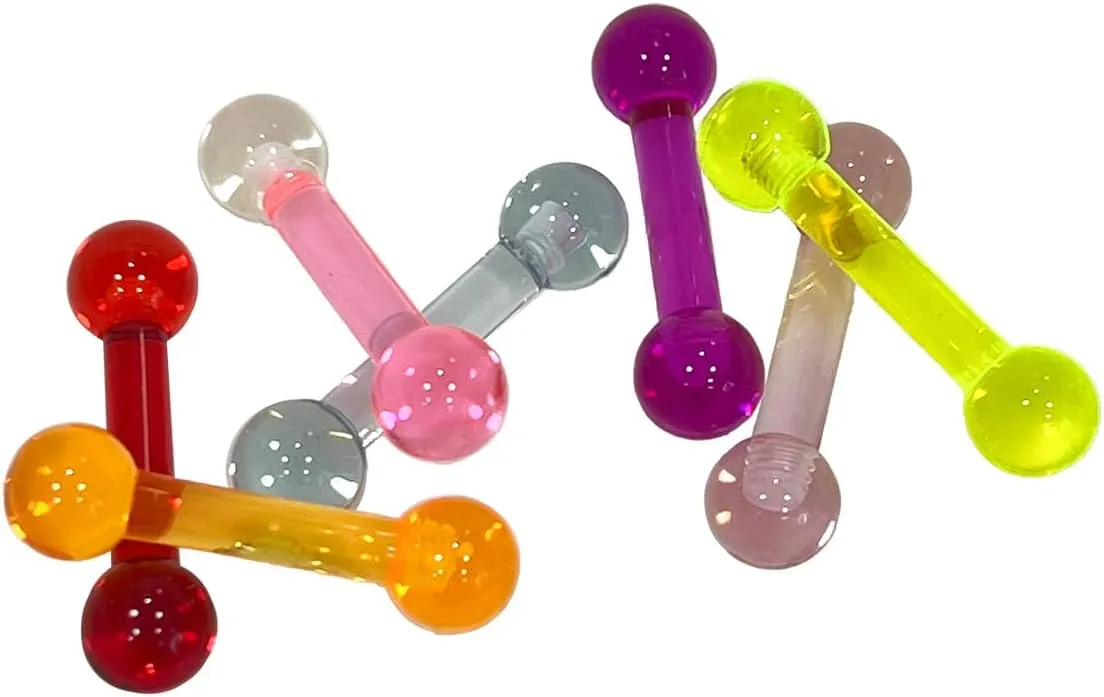 Tongue Ring 6G External Threaded UV Reactive Acrylic Straight Barbell Piercing Bar 5/8 Inch (15mm)