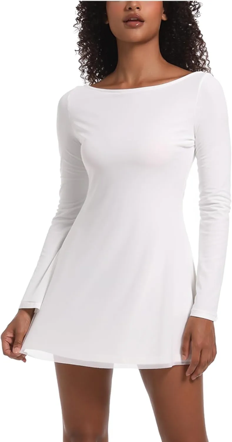 Topcloset Womens Bodice Dress Long Sleeve Dress Backless Flare Mini Dresses Going Out Party Club Dress