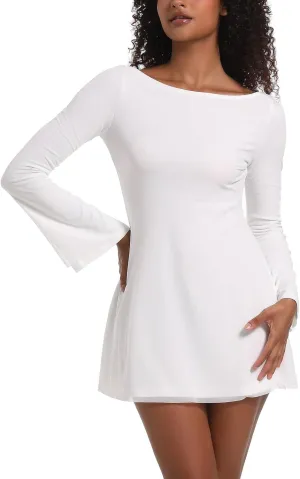 Topcloset Womens Bodice Dress Long Sleeve Dress Backless Flare Mini Dresses Going Out Party Club Dress