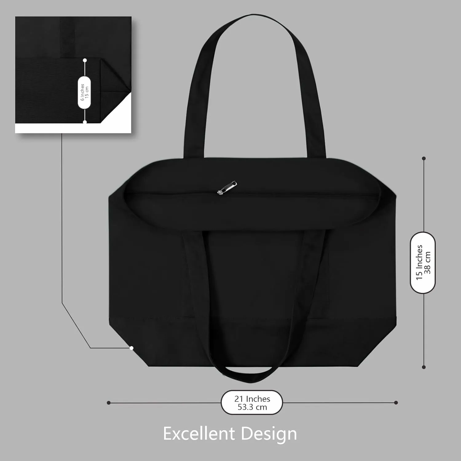 TOPDesign 1-Pack Canvas Tote Bag with an External Pocket, Reusable Grocery Shopping Bag, Top Zipper Closure, Daily Essentials (Black)