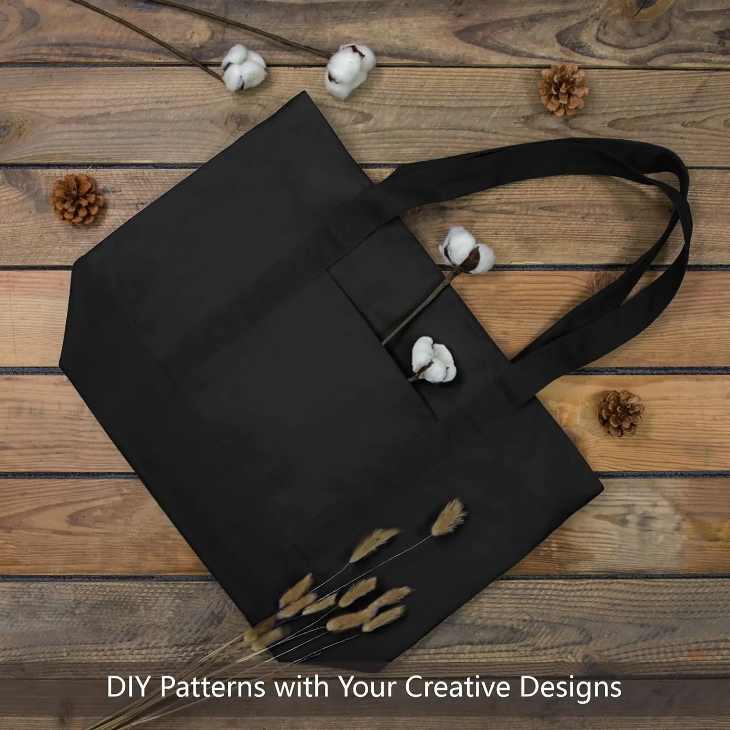 TOPDesign 1-Pack Canvas Tote Bag with an External Pocket, Reusable Grocery Shopping Bag, Top Zipper Closure, Daily Essentials (Black)