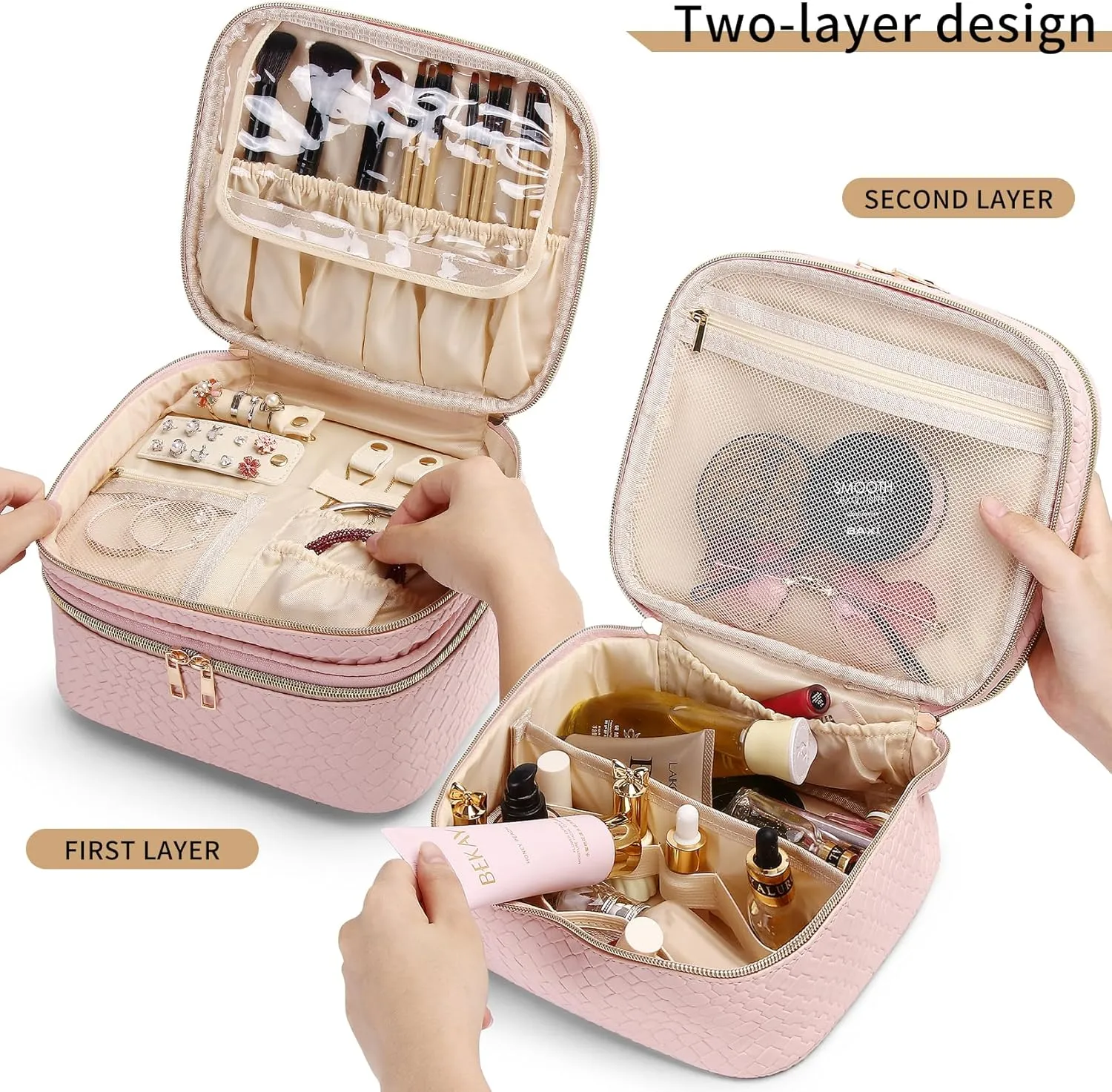 Travel Makeup Bag for Women Double Layer Cosmetic Bag with Jewelry Organizer Large Waterproof Toiletry Bag for Traveling Portable Makeup Storage Box (A/Pink)