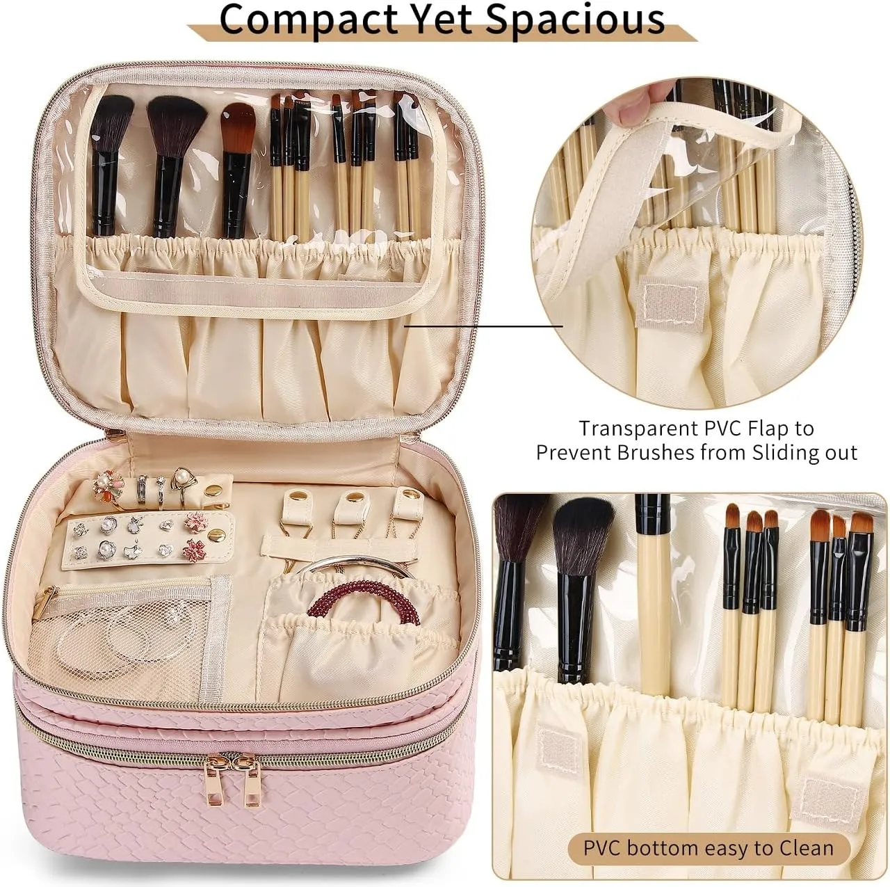 Travel Makeup Bag for Women Double Layer Cosmetic Bag with Jewelry Organizer Large Waterproof Toiletry Bag for Traveling Portable Makeup Storage Box (A/Pink)