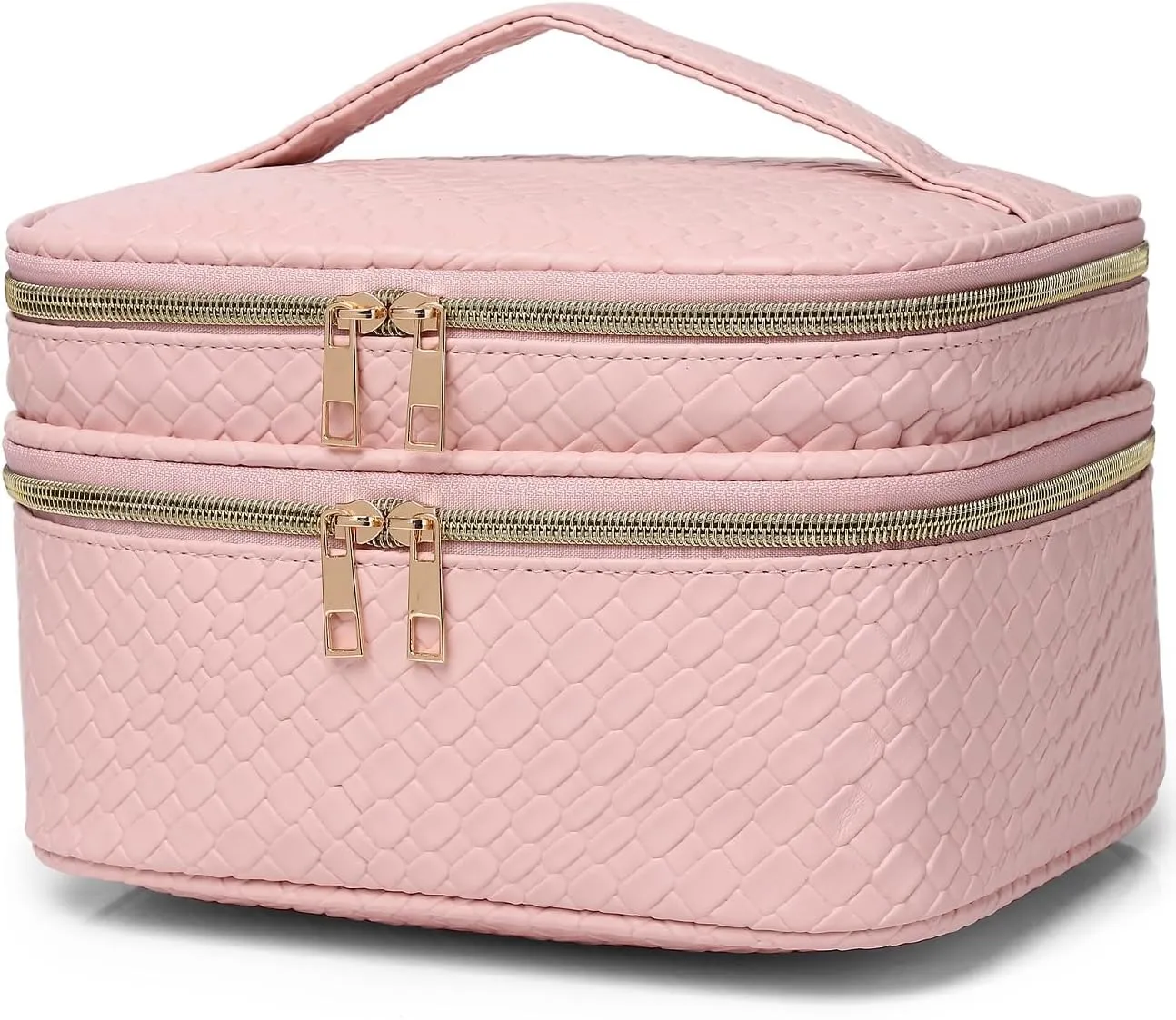 Travel Makeup Bag for Women Double Layer Cosmetic Bag with Jewelry Organizer Large Waterproof Toiletry Bag for Traveling Portable Makeup Storage Box (A/Pink)