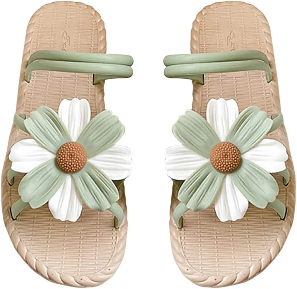 Trendy Sandals for Women 2022 Cute Slides Summer Casual Flower Straps Open Toe Slip on Flat Slipper Lightweight Comfy Soft Sole Non-Slip Beach Shoes