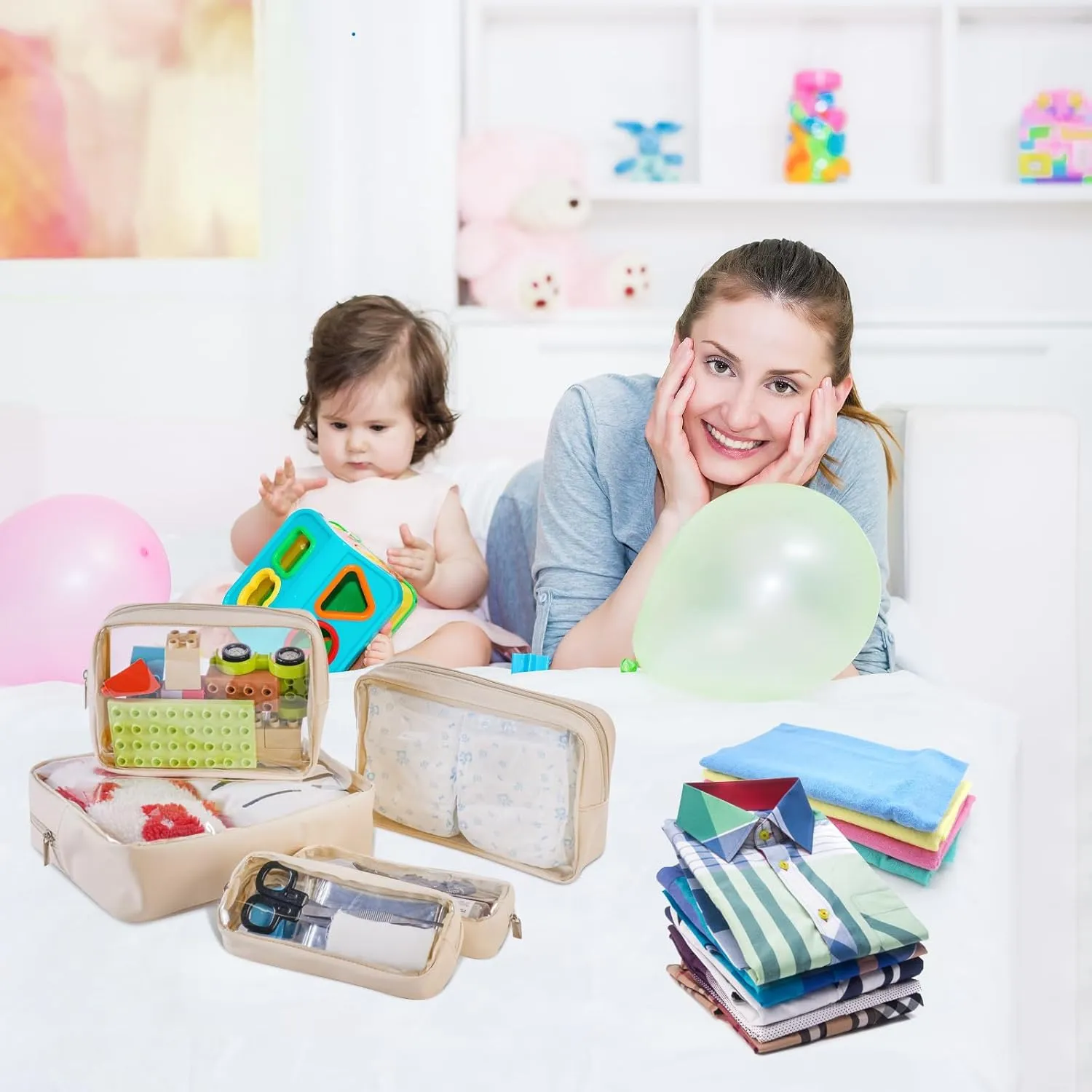 TSA Approved 5-Piece Diaper Bag Organizer Pouch Set Clear Waterproof TPU Kids Toiletry Storage Set Travel Packing Clutch Cube Bags for Baby Nursing