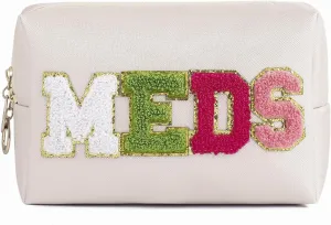 uekeboag PU Leather Medicine Bag with Zipper,Cute Chenille Letter Patches Travel Toiletry Meds Pouch for Women Girls, Daily Use Portable Organizer Cosmetic Bag (Beige- Colorful -MEDS)