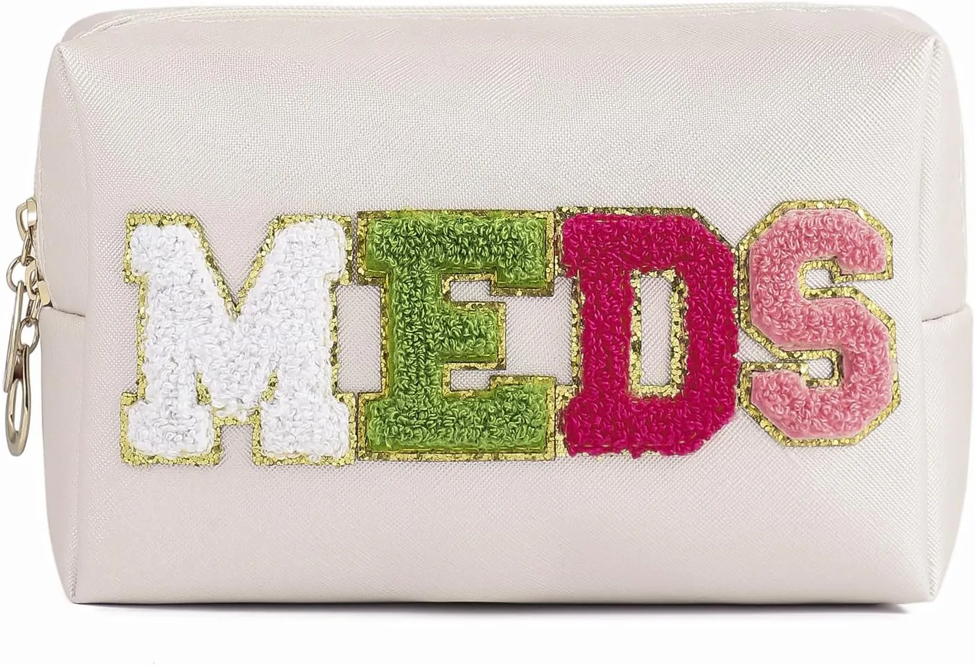 uekeboag PU Leather Medicine Bag with Zipper,Cute Chenille Letter Patches Travel Toiletry Meds Pouch for Women Girls, Daily Use Portable Organizer Cosmetic Bag (Beige- Colorful -MEDS)