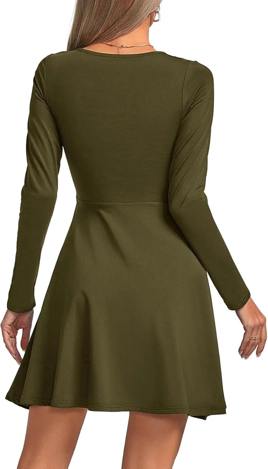 Umenlele Women's Scoop Neck Long Sleeve Dresses Casual Flowy Swing Mini Short Wrap Skater Dress