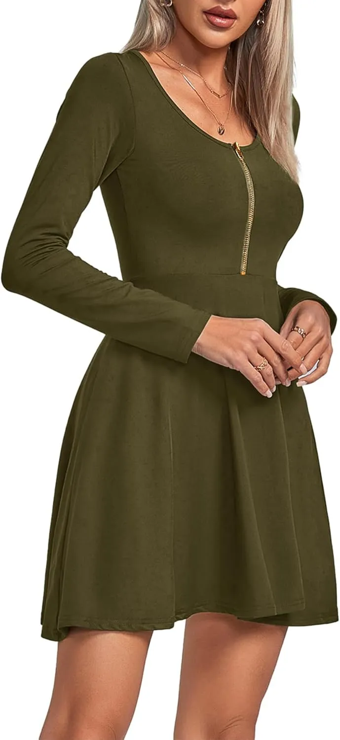 Umenlele Women's Scoop Neck Long Sleeve Dresses Casual Flowy Swing Mini Short Wrap Skater Dress