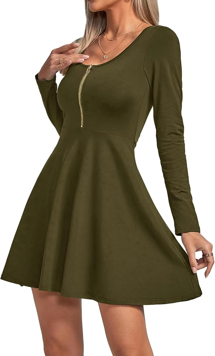 Umenlele Women's Scoop Neck Long Sleeve Dresses Casual Flowy Swing Mini Short Wrap Skater Dress