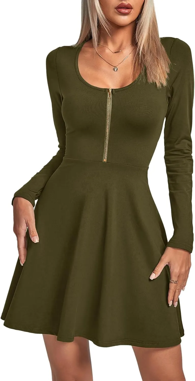 Umenlele Women's Scoop Neck Long Sleeve Dresses Casual Flowy Swing Mini Short Wrap Skater Dress