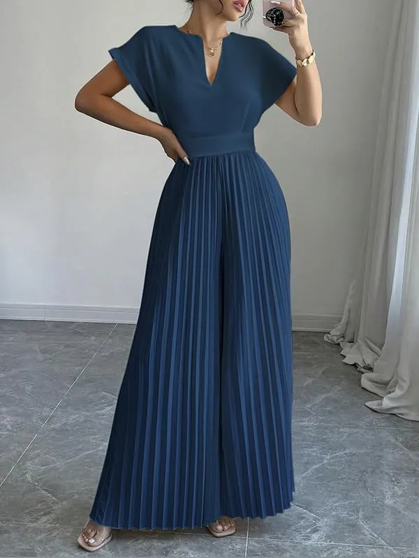 UOOZEE Women's 2025 Wide Leg Jumpsuits Long Flowy Pleated Romper Jumper Short Sleeve V Neck Dressy Overalls Jumpsuit