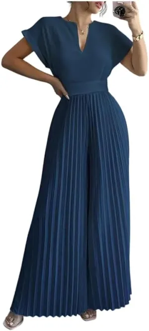 UOOZEE Women's 2025 Wide Leg Jumpsuits Long Flowy Pleated Romper Jumper Short Sleeve V Neck Dressy Overalls Jumpsuit