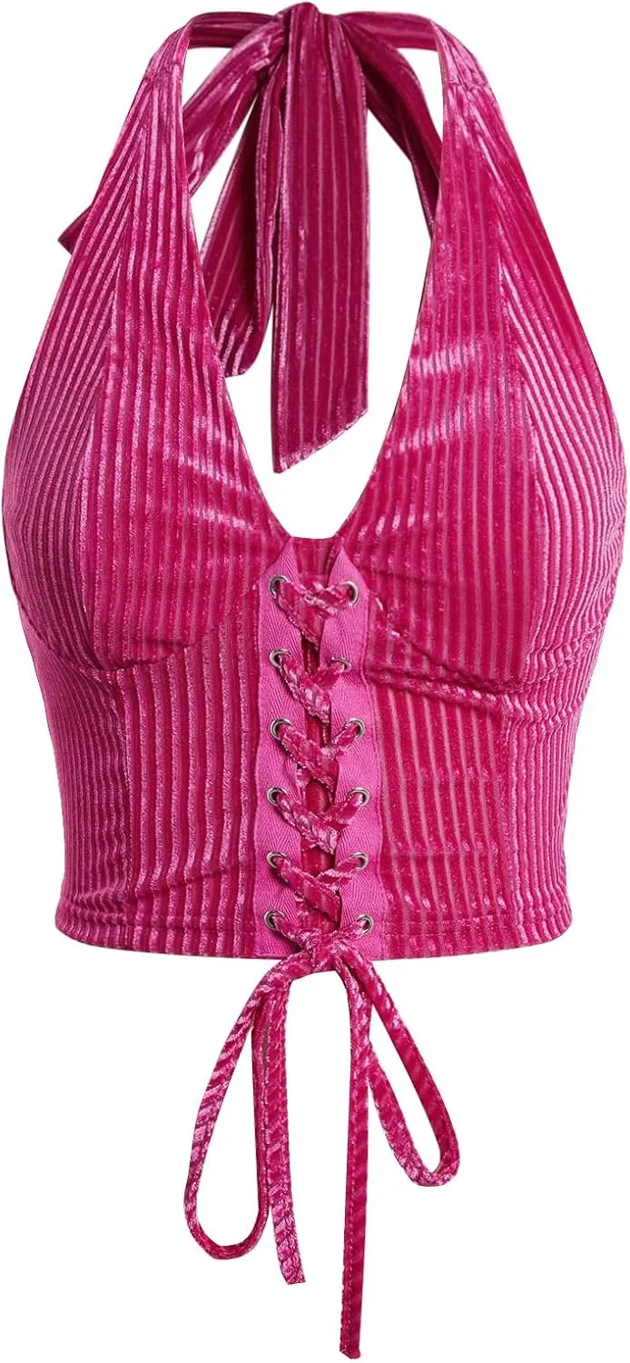 Verdusa Women's Sleeveless Halter Neck Lace Up Front Tie Back Crop Top