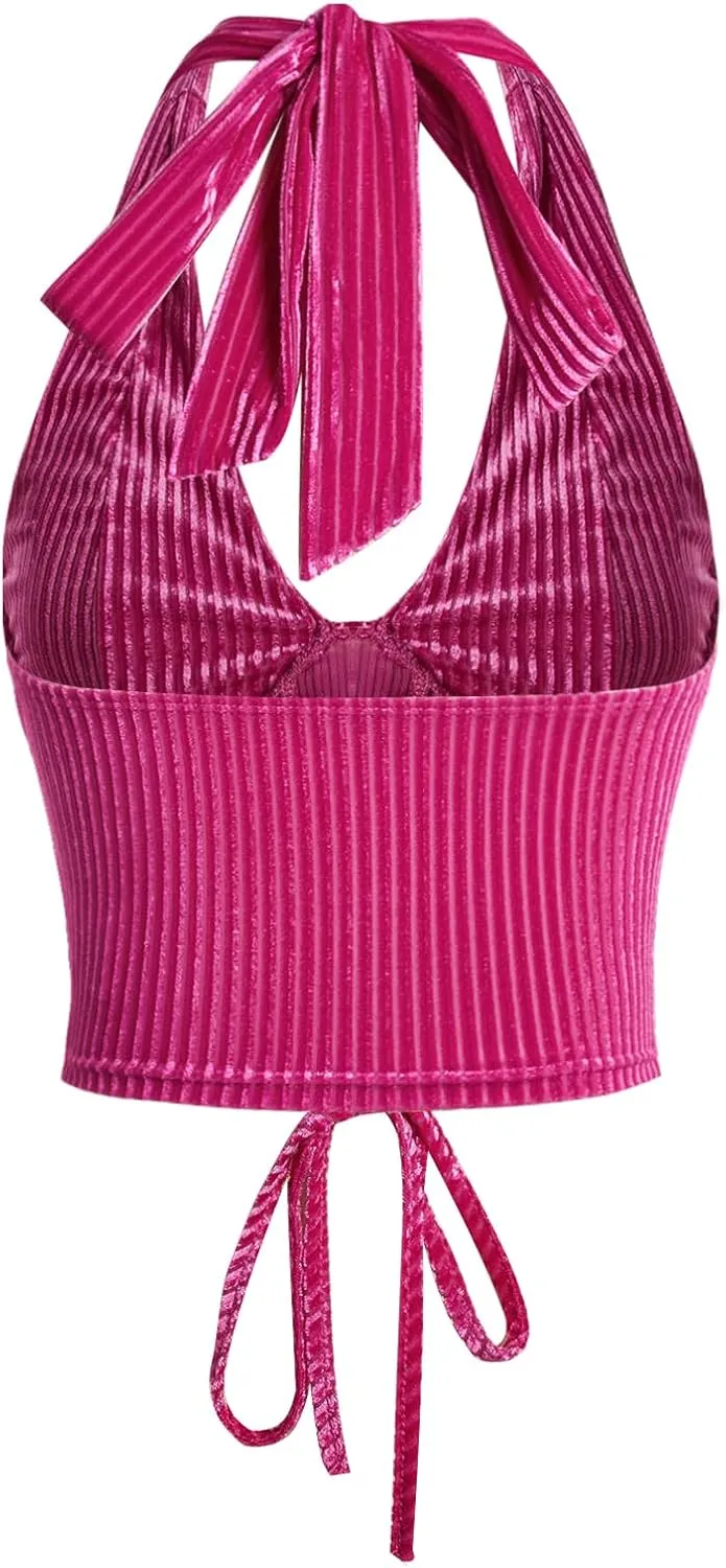 Verdusa Women's Sleeveless Halter Neck Lace Up Front Tie Back Crop Top
