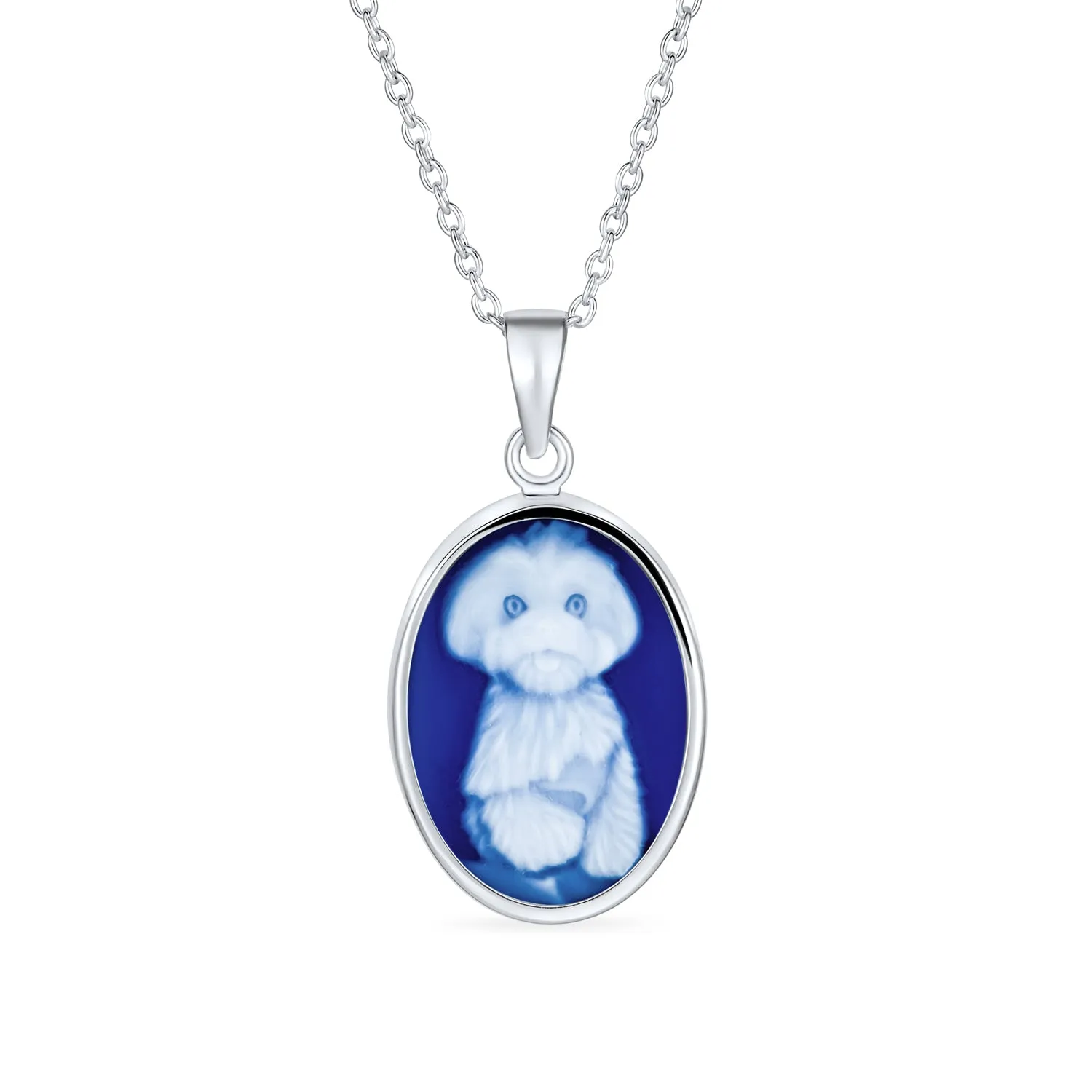 Vintage Blue Carved Fluffy Dog Portrait Cameo Pendant Necklace Silver